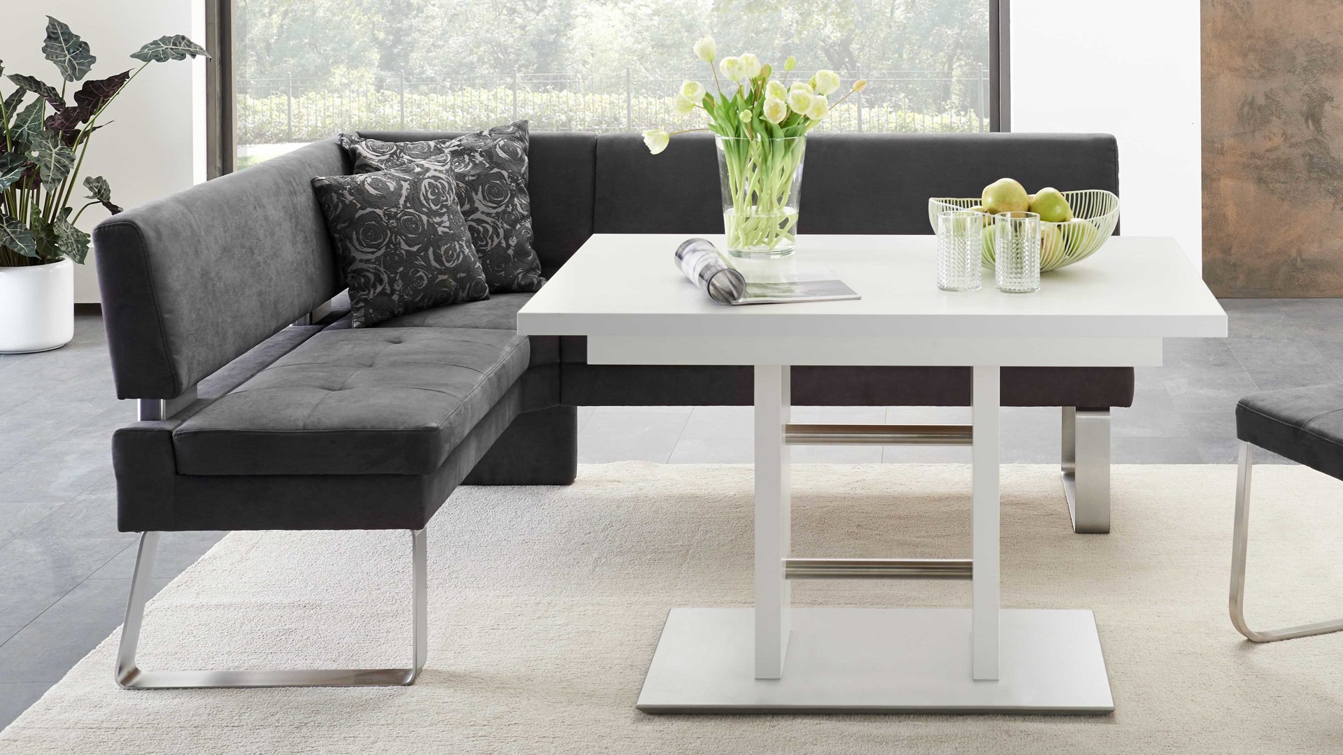 Eckbank combinessa aus Stoff in Anthrazit Combinessa Genesis - Eckbank anthrazitfarbene Mikrofaser 520-82 & Edelstahl – Stellfläche ca. 160 x 199 cm