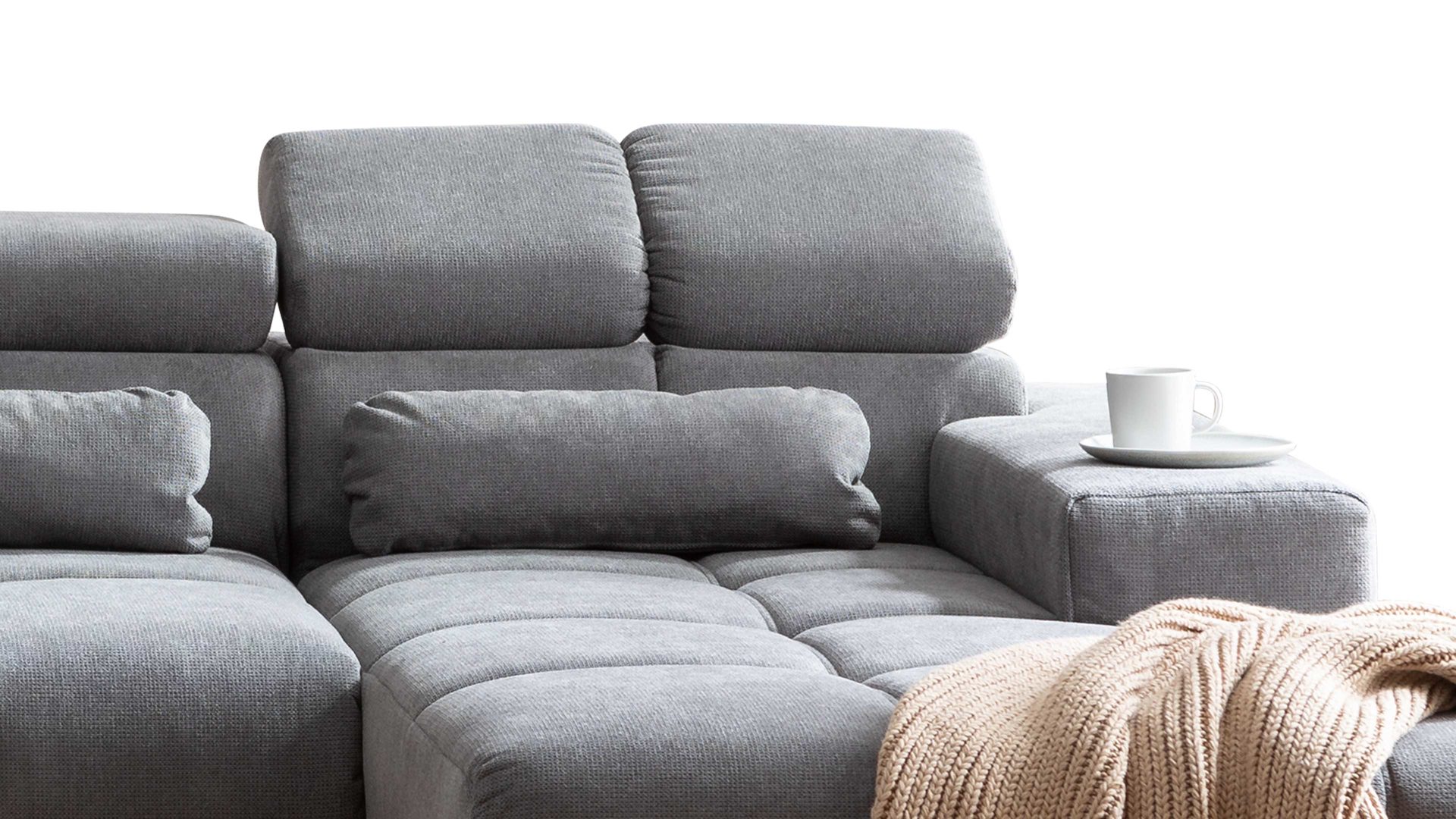 Ecksofa A. z. iwaniccy aus Stoff in Grau Funktions-Ecksofa Speed rechts , Stellfläche ca. 285 x 201 cm - steingrauer Bezug Boston 05 & Chromfüße