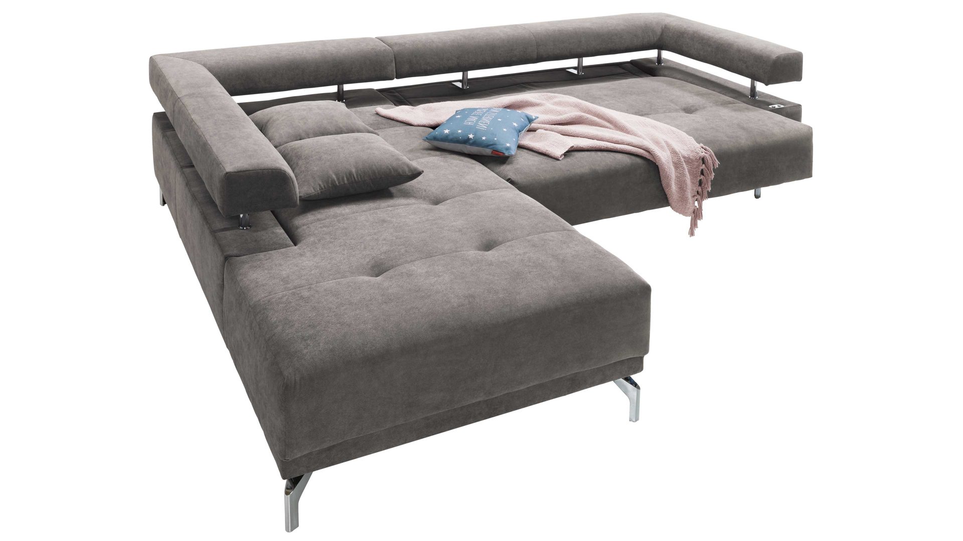 Ecksofa KAWOO aus Stoff in Dunkelgrau KAWOO Polstermöbel Serie Dream -  Ecksofa bzw. Polsterecke grauer Bezug Sun 95 & Metallfüße – Stellfläche ca. 224 x 270 cm