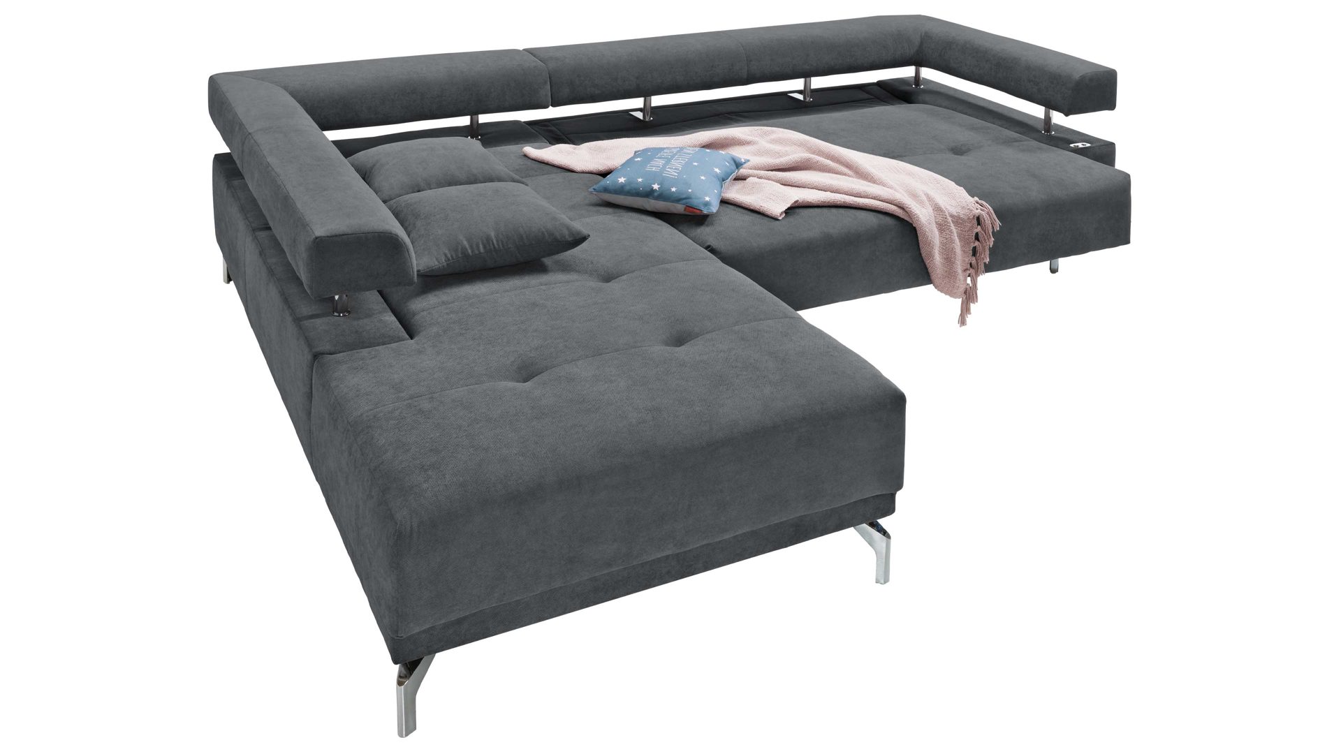 Ecksofa KAWOO aus Stoff in Anthrazit KAWOO Polstermöbel Serie Dream - Funktions-Ecksofa bzw. Polsterecke anthrazitfarbener Bezug Sun 96 & Metallfüße – Stellfläche ca. 224 x 270 cm