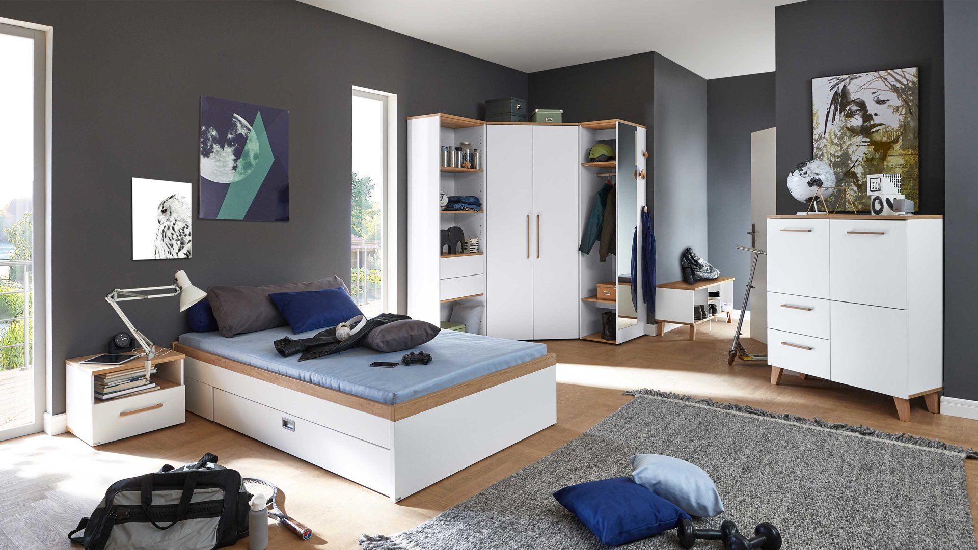 Regal Paidi aus Holz in Weiß PAIDI Babyzimmerprogramm Oscar - Eck-Regal Kreideweiß & Nebraska Eiche – acht Fächer, Höhe ca. 206 cm