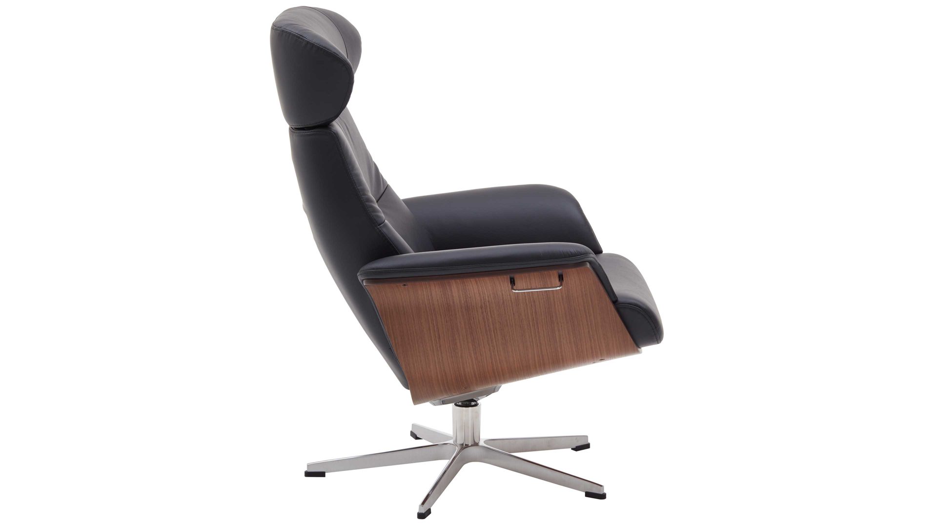 Relaxsessel Conform® aus Leder in Metallfarben CONFORM® Relaxsessel Timeout mit Lederbezug poliertes Aluminiumgestell, schwarzes Leder Memo & Walnuss-Sitzschale