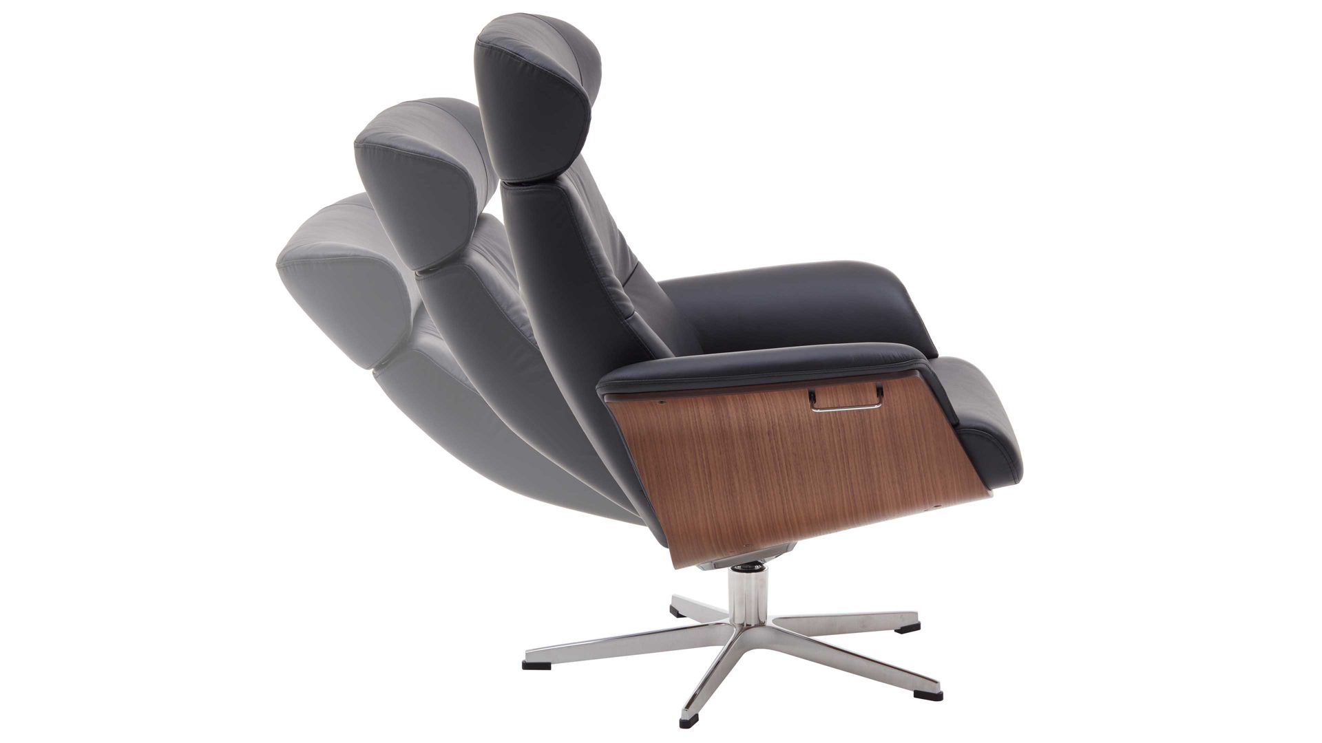 Relaxsessel Conform® aus Leder in Metallfarben CONFORM® Relaxsessel Timeout mit Lederbezug poliertes Aluminiumgestell, schwarzes Leder Memo & Walnuss-Sitzschale