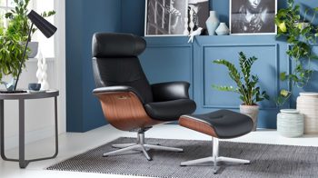 Relaxsessel Conform® aus Leder in Metallfarben CONFORM® Relaxsessel Timeout mit Lederbezug poliertes Aluminiumgestell, schwarzes Leder Memo & Walnuss-Sitzschale