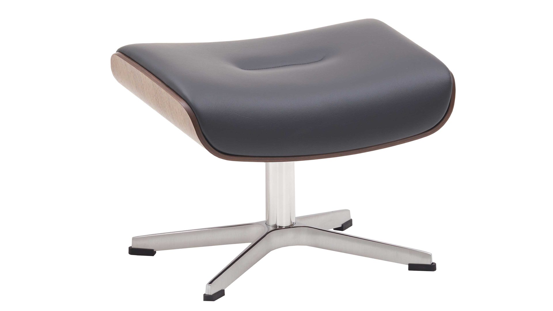 Polsterhocker Conform® aus Leder in Metallfarben CONFORM® Hocker Timeout mit Lederbezug poliertes Alugestell, schwarzes Leder Memo & Walnuss-Sitzschale