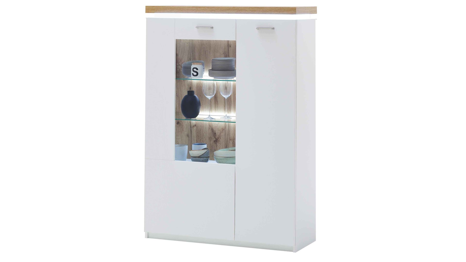 Highboard Mca furniture aus Holz in Weiß Wohnprogramm Cali - Highboard-Vitrine T20 Weiß & Wotan Eiche - zwei Türen, Breite ca. 98 cm