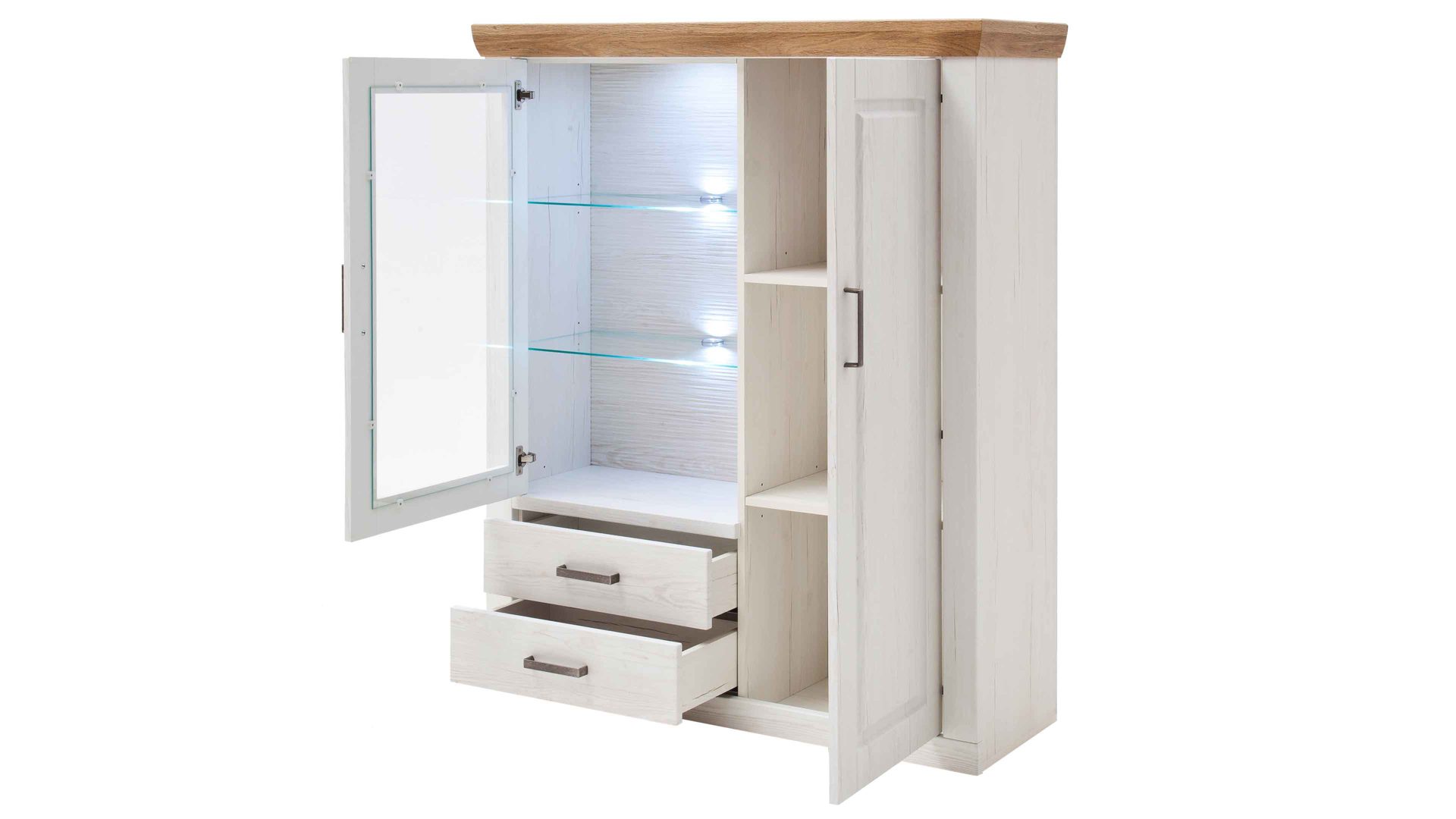 Highboard Mca furniture aus Holz in Weiß Wohnprogramm Brixen - Hoghboard 21 Pinie Aurelio & Grandson Oak - zwei Türen, zwei Schubladen