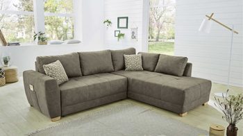 Ecksofa Job aus Stoff in Hellbraun Funktions-Ecksofa Luzern braun-beiger Jacquard 727.08 & Eichenholzfüße – Stellfläche ca. 254 x 208 cm
