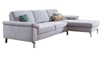 Ecksofa SOFAkultur aus Stoff in Hellblau SOFAkultur Programm SK 239 - Ecksofa hellblauer Velour Matrix & Chromfüße – Stellfläche ca. 284 x 185 cm