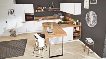 Einbauküche Interliving aus Holz in Weiß Interliving Küche Serie 3043 mit gorenje Einbaugeräten Weiß & Vulkaneiche – Stellfläche ca. 365 x 258 cm