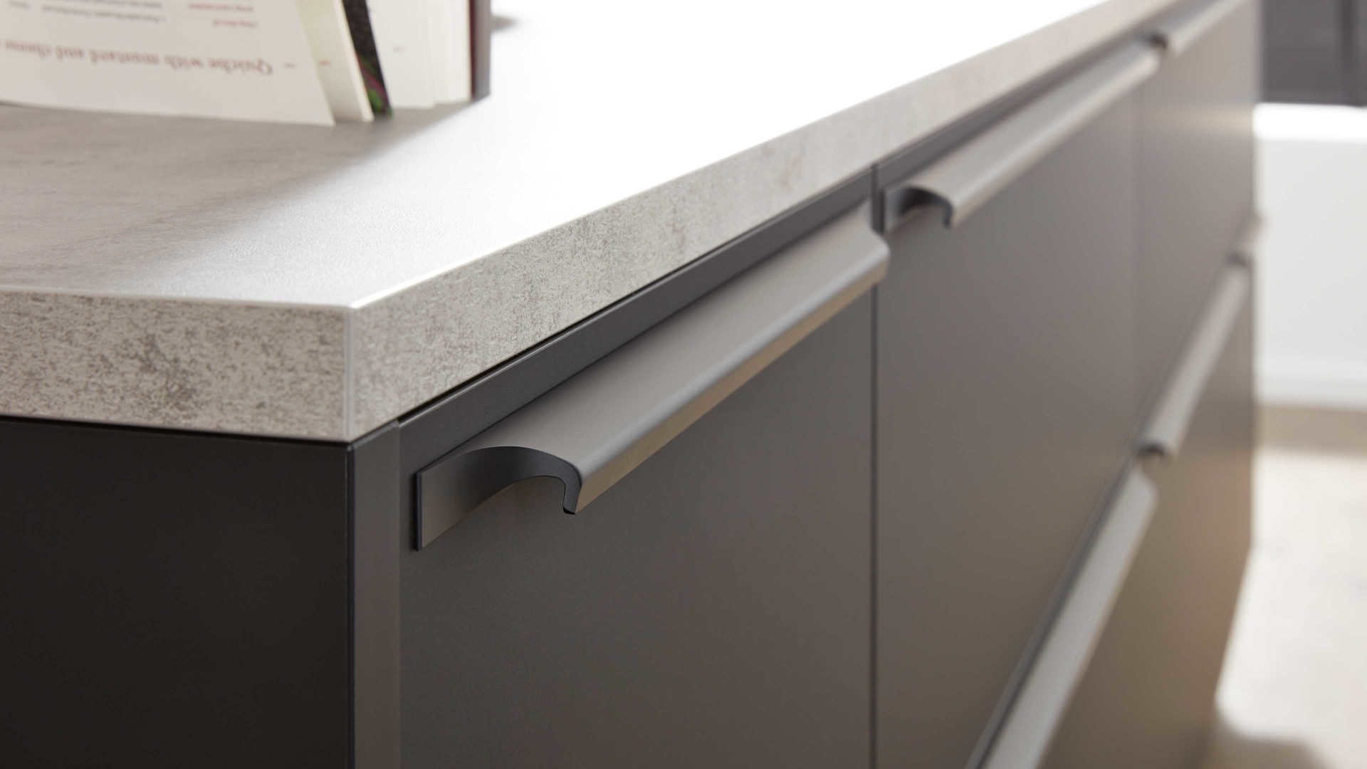 Einbauküche Interliving aus Holz in Schwarz Interliving Küche Serie 3047 mit SIEMENS Einbaugeräten Schwarz & Beton  – zweizeilig