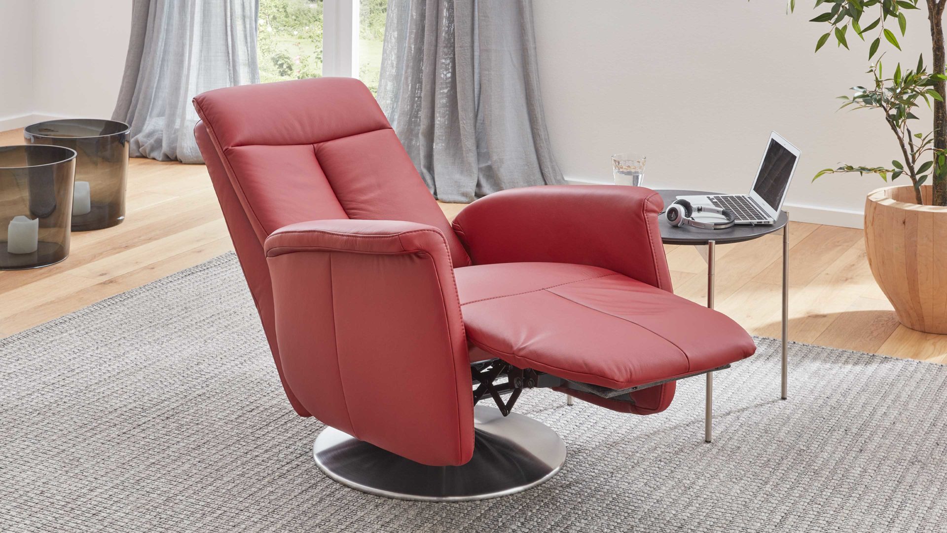 Relaxsessel modulmaster aus Leder in Dunkelrot Modulmaster MM-PN1035 - Relaxsessel 1SDCL D2 rossofarbenes Leder Torro & Edelstahl-Tellerfuß