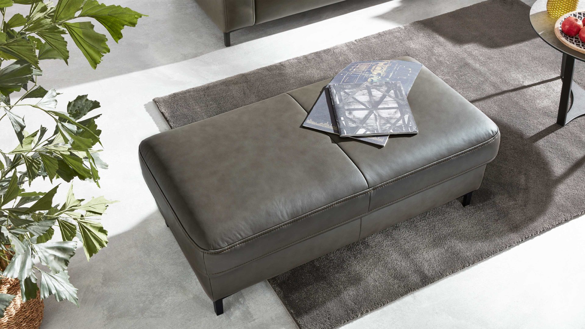 Polsterhocker Interliving aus Leder in Grau Interliving Sofa Serie 4054 – XXL-Hocker XXL Ho steingrauer LongLife-Leder Vivre & schwarze Metallfüße – ca. 130 x 60 cm