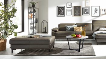 Funktionshocker Interliving aus Leder in Grau Interliving Sofa Serie 4054 – Funktionshocker steingrauer LongLife-Leder Vivre & schwarze Metallfüße – ca. 130 x 60 cm