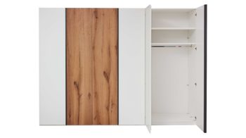 Kleiderschrank Interliving aus Holz in Weiß Interliving Schlafzimmer Serie 1025 – Kleiderschrank Weiß & Balkeneiche gehackt - sechs Türen, Breite ca. 299 cm
