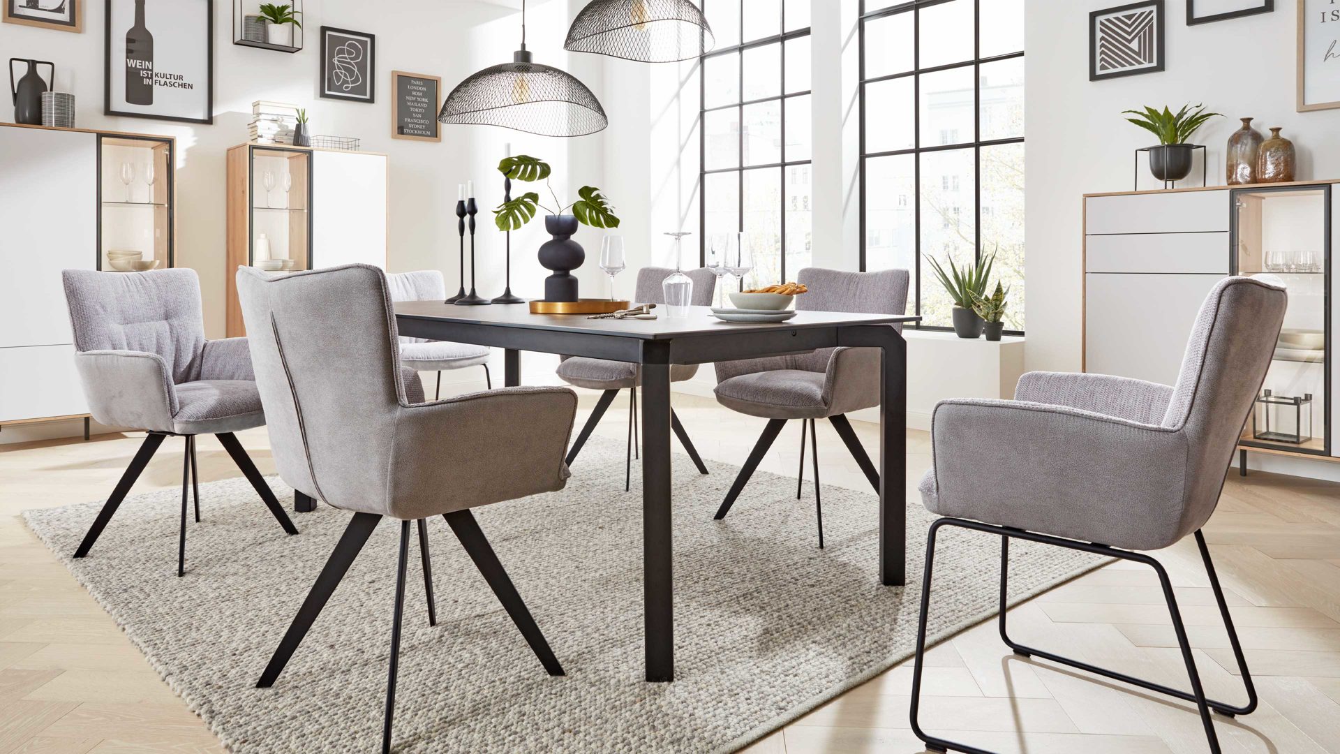 Auszugtisch Interliving aus Keramik in Grau Interliving Esszimmer Serie 5111 – Auszugtisch 6813-91 graue Glaskeramik & schwarzes Eisen – ca. 200-280 x 100 cm