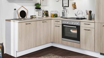 Einbauküche Pino aus Holz in Holzfarben pino Einbauküche inklusive Einbaugeräte Katthult Pinie & Fjordgrün - Stellfläche ca. 185 x 255 cm