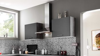 Einbauküche Pino aus Holz in Grau pino Einbauküche inklusive Einbaugeräte Grafit & Platingrau - Stellfläche ca. 335 x 246 cm