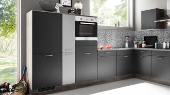 Einbauküche Pino aus Holz in Grau pino Einbauküche inklusive Einbaugeräte Grafit & Platingrau - Stellfläche ca. 335 x 246 cm