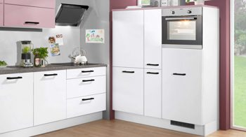 Einbauküche Pino aus Holz in Rosa pino Einbauküche inklusive Einbaugeräte Antikrosa & Weiß - zweizeilig