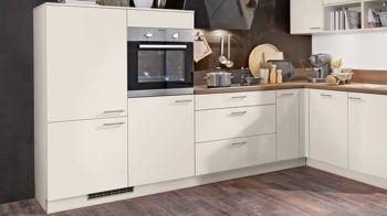 Einbauküche Express küchen aus Holz in Weiß EXPRESS KÜCHEN Einbauküche Win mit Geräten Magnolia & Nussbaum Tabak - Stellfläche ca. 305 x 185 cm