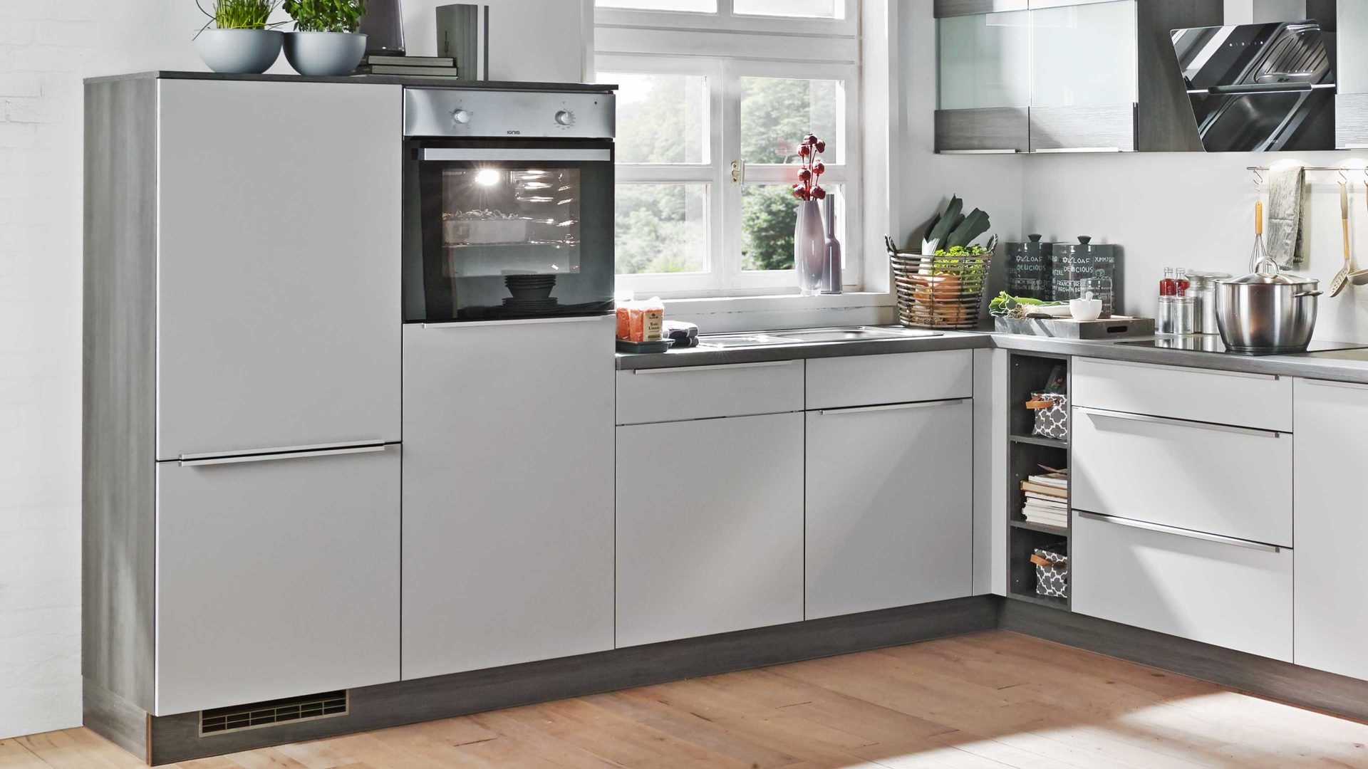Einbauküche Express küchen aus Holz in Hellgrau EXPRESS KÜCHEN Einbauküche Win mit Geräten Hellgrau & Eiche grau - Stellfläche ca. 305 x 230 cm