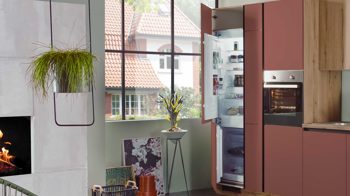 Einbauküche Express küchen aus Holz in Dunkelrot EXPRESS KÜCHEN Einbauküche Win mit Einbaugeräten Karminrot & Eiche astig - Länge ca. 433 cm