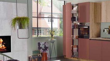 Einbauküche Express küchen aus Holz in Dunkelrot EXPRESS KÜCHEN Einbauküche Win mit Einbaugeräten Karminrot & Eiche astig - Länge ca. 433 cm