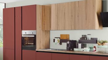 Einbauküche Express küchen aus Holz in Dunkelrot EXPRESS KÜCHEN Einbauküche Win mit Einbaugeräten Karminrot & Eiche astig - Länge ca. 433 cm