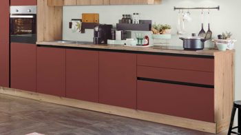 Einbauküche Express küchen aus Holz in Dunkelrot EXPRESS KÜCHEN Einbauküche Win mit Einbaugeräten Karminrot & Eiche astig - Länge ca. 433 cm