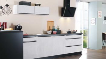 Einbauküche Express küchen aus Holz in Weiß EXPRESS KÜCHEN Einbauküche Base mit Geräten Beton steinweiß & Schwarz - dreizeilig