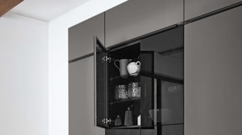 Einbauküche Nobilia® aus Holz in Dunkelgrau nobilia® Einbauküche Laser mit PROGRESS Elektrogeräten Vulkangrau & Schwarzglas - zweizeilig