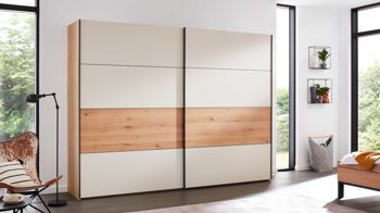 Kleiderschrank Interliving aus Holz in Beige Interliving Schlafzimmer Serie 1024 – Schwebetürenschrank Design 27,  Sand & Balkeneiche - zwei Türen, Breite ca. 301 cm