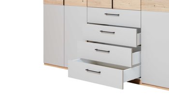 Kleiderschrank Interliving aus Holz in Grau Interliving Schlafzimmer Serie 1023 – Funktionsschrank Taupe & Balkeneiche - sechs Türen, drei Schubladen, Breite ca. 269 cm
