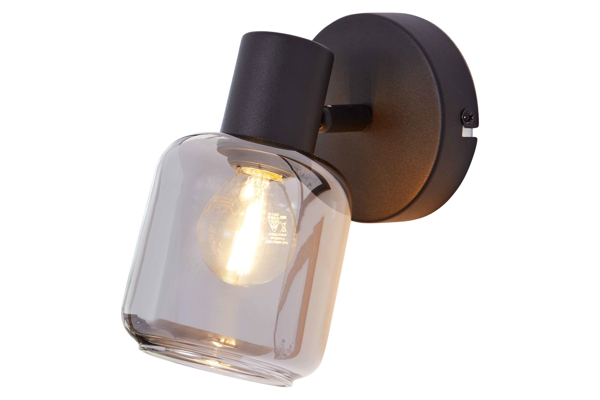 Wandleuchte Interliving aus Glas in Grau Interliving Leuchten Serie 9341 - Wandleuchte Rauchglas & Mattschwarz – Durchmesser ca. 10 cm