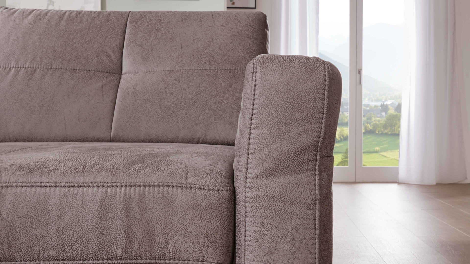 Ecksofa modulmaster aus Stoff in Grau Modulmaster MM-MP1139 - Wohnlandschaft graue Mikrofaser Saddle & glänzende Metallfüße - Stellfläche ca. 351 x 214 cm