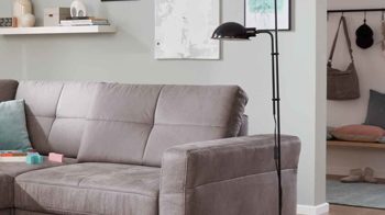 Ecksofa modulmaster aus Stoff in Grau Modulmaster MM-MP1139 - Wohnlandschaft graue Mikrofaser Saddle & glänzende Metallfüße - Stellfläche ca. 351 x 214 cm