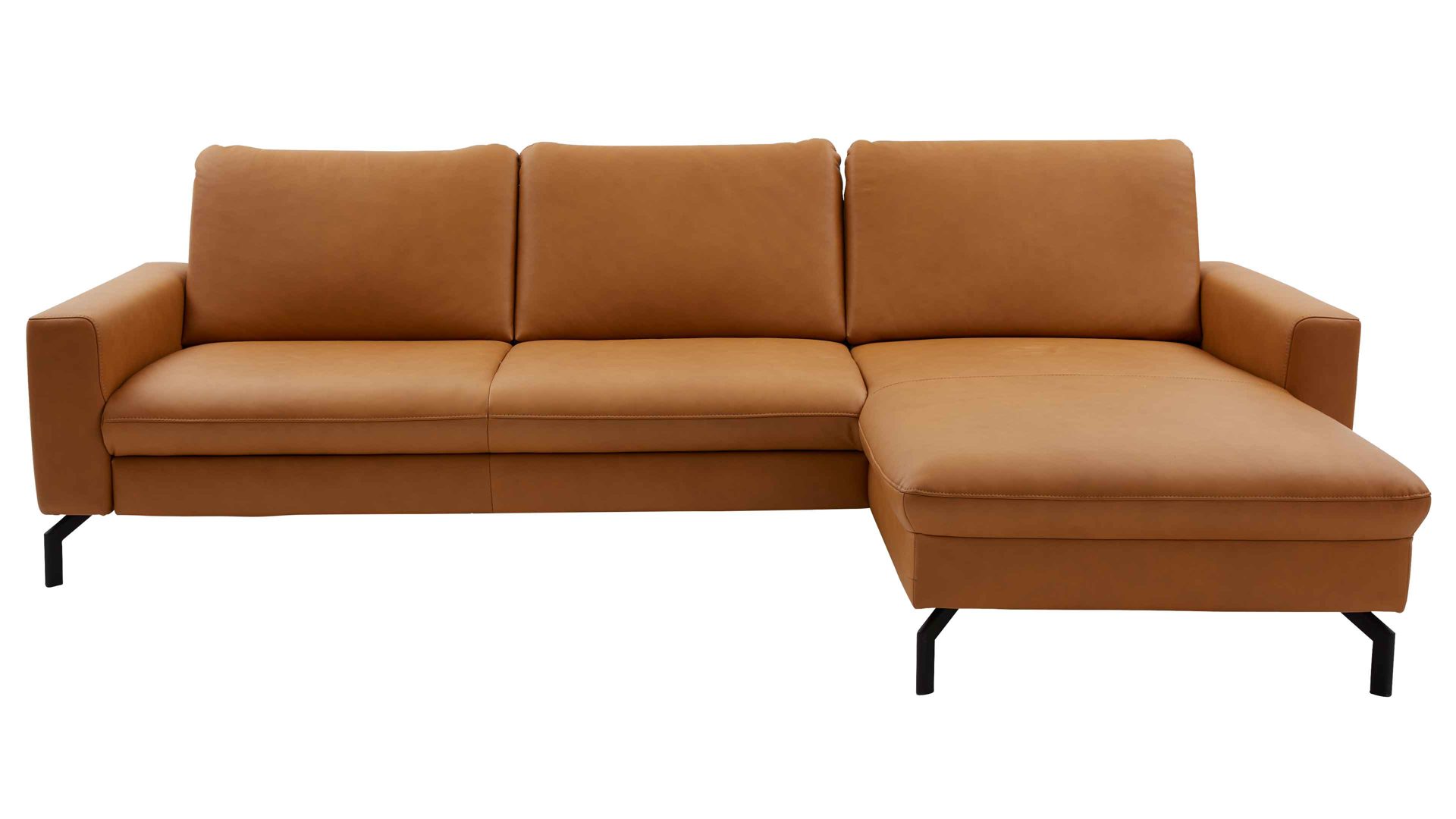 Ecksofa modulmaster aus Leder in Orange Modulmaster MM-PN1126 - Ecksofa kurkumafarbenes Leder Torro & schwarze Metallfüße - Stellfläche ca. 274 x 179 cm