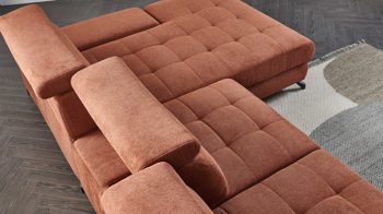 Ecksofa KAWOO aus Stoff in Orange KAWOO Polsterprogramm Torino XC - Ecksofa kupferfarbenes Flachgewebe Paris 83 & schwarze Metallfüße – Stellfläche ca. 312 x 186 cm