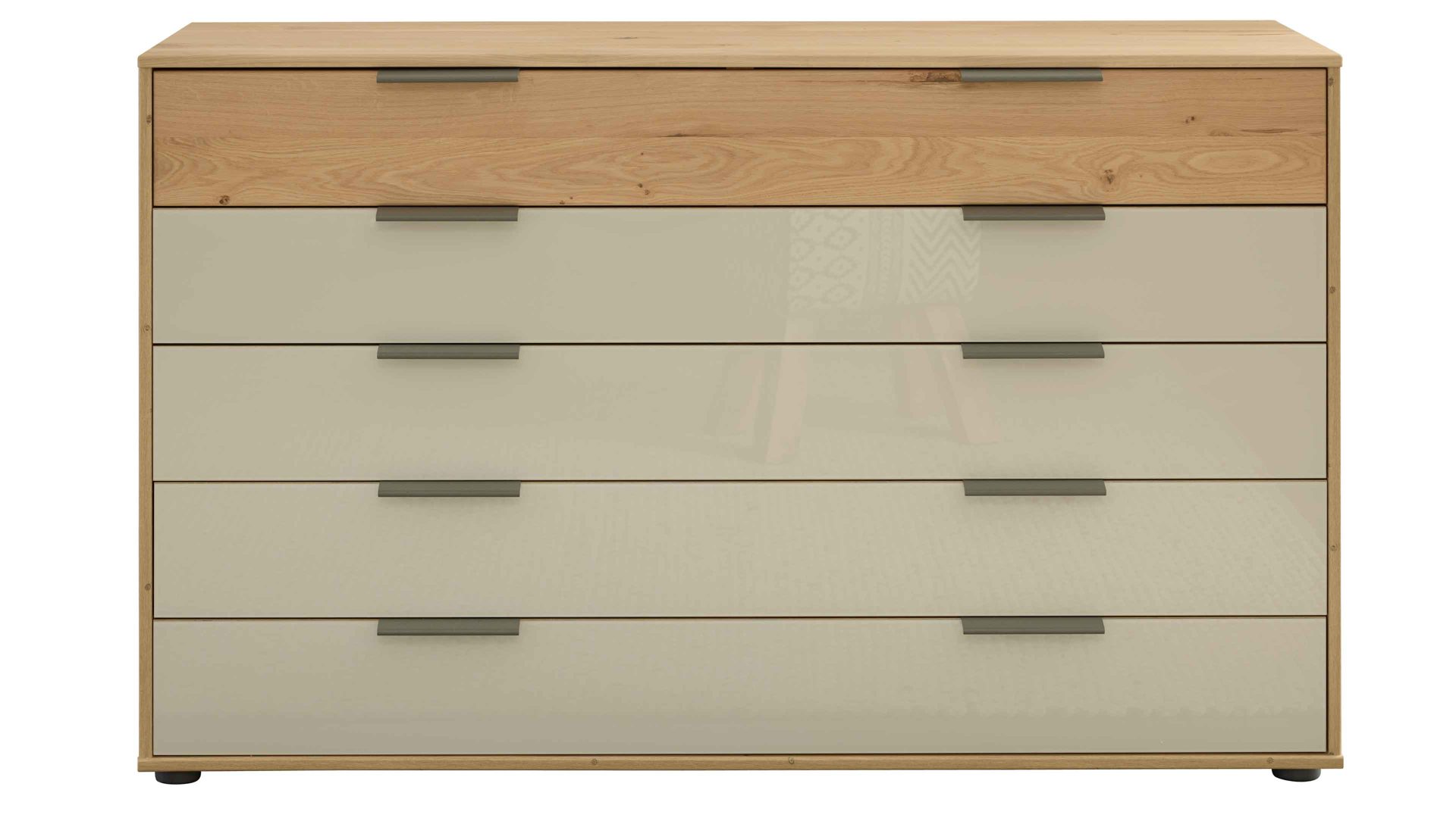 Schubladenkommode Interliving aus Holz in Hellgrau Interliving Schlafzimmer Serie 1027 – Schubladenkommode Eiche bianco & Champagner - fünf Schubladen, Breite ca. 141 cm
