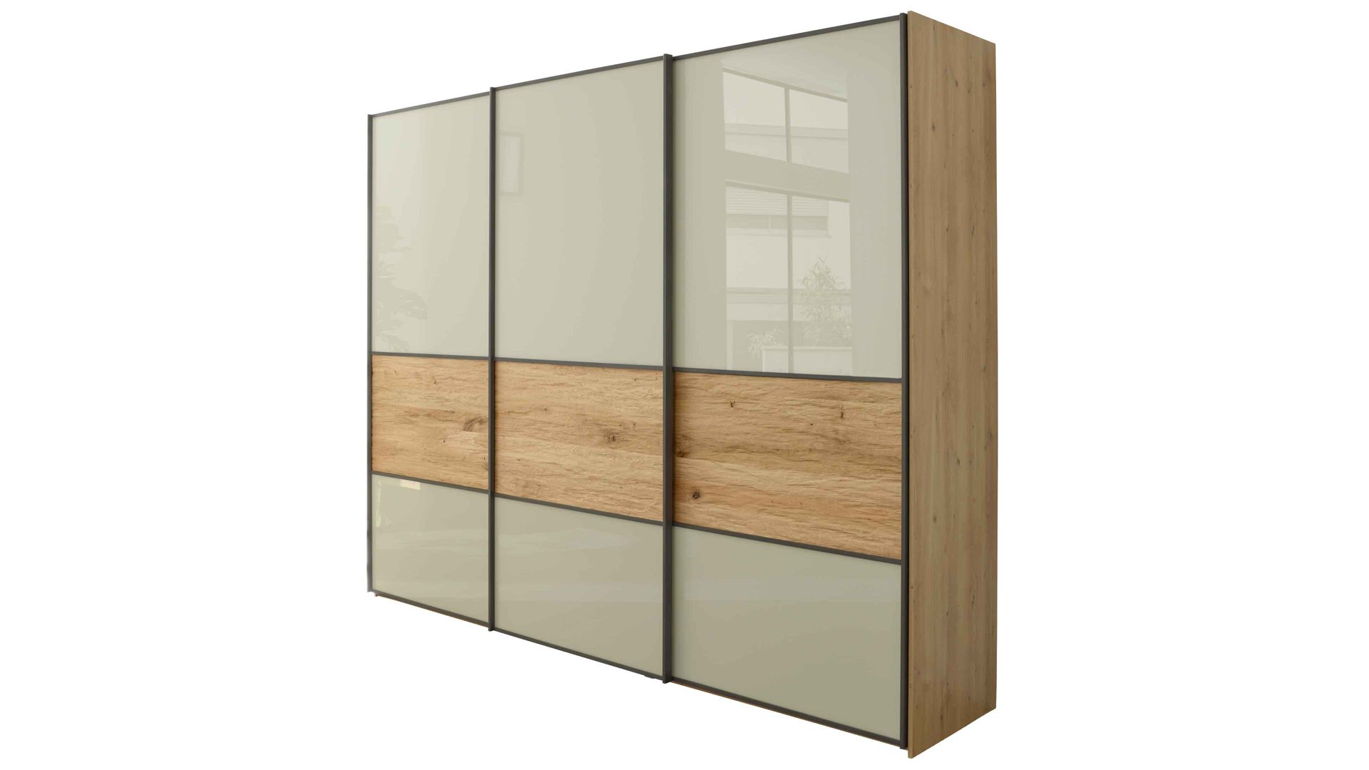 Kleiderschrank Interliving aus Holz in Hellgrau Interliving Schlafzimmer Serie 1027 – Schwebetürenschrank Champagner & Eiche bianco - drei Türen, Breite ca. 250 cm