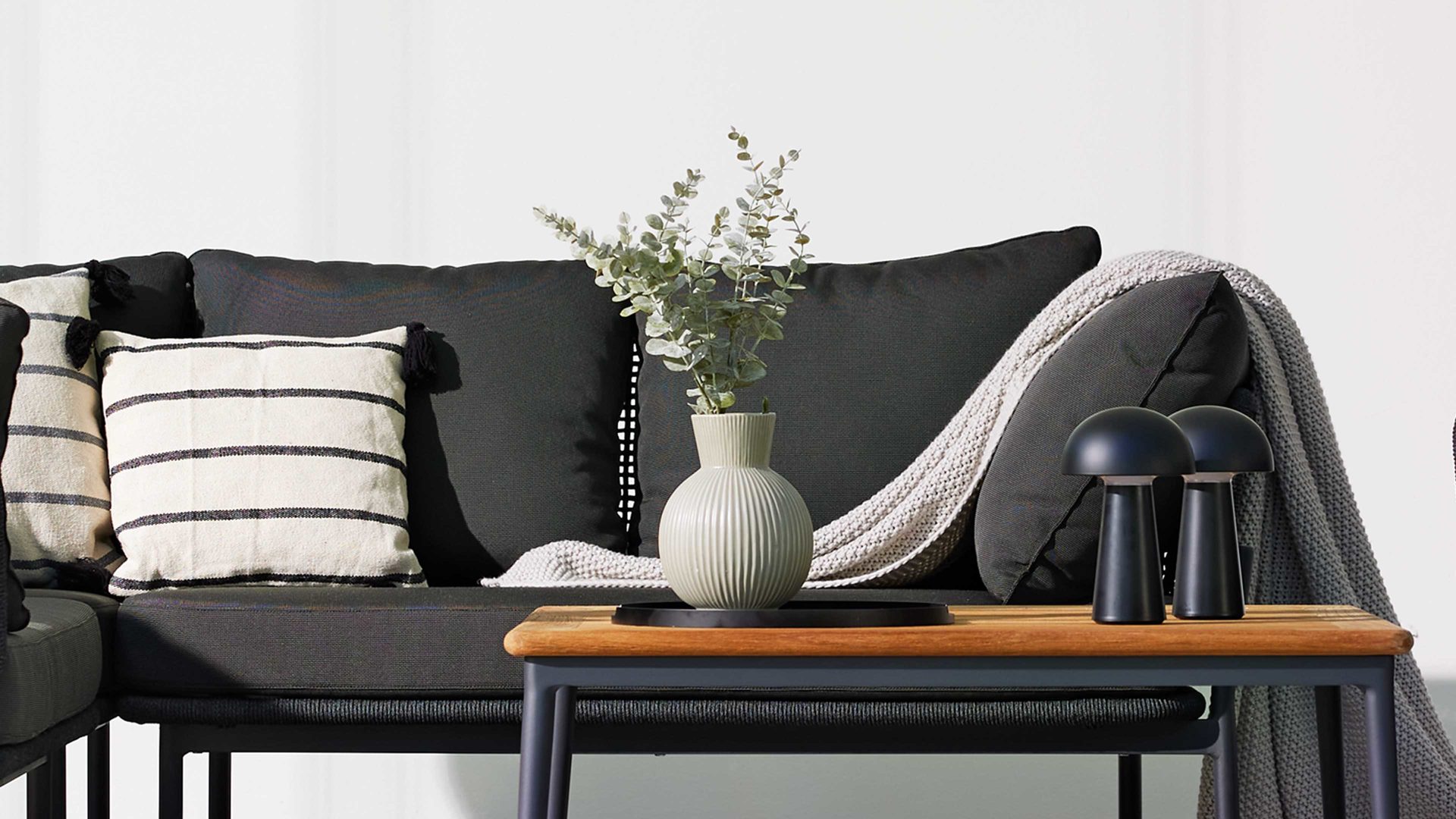 Gartensofa Interliving aus Kunstfaser in Dunkelgrau Interliving Gartenmöbel Serie 7005 - Modul rechts, graues Kordelgeflecht & dunkelgrauer Olefinbezug - Breite ca. 130 cm