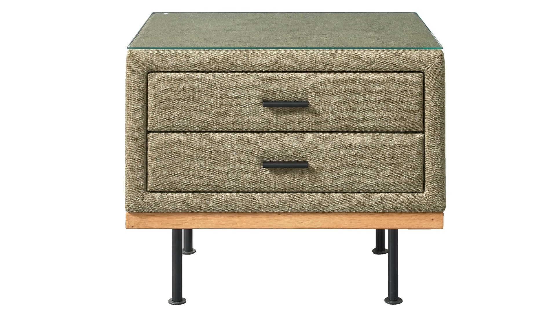 Nachtkommode Interliving aus Stoff in Grün Interliving Boxspringbett Serie 1415 - Nachtkommode NK I823 olivgrüner Stoffbezug ELK 323 - zwei Schubladen