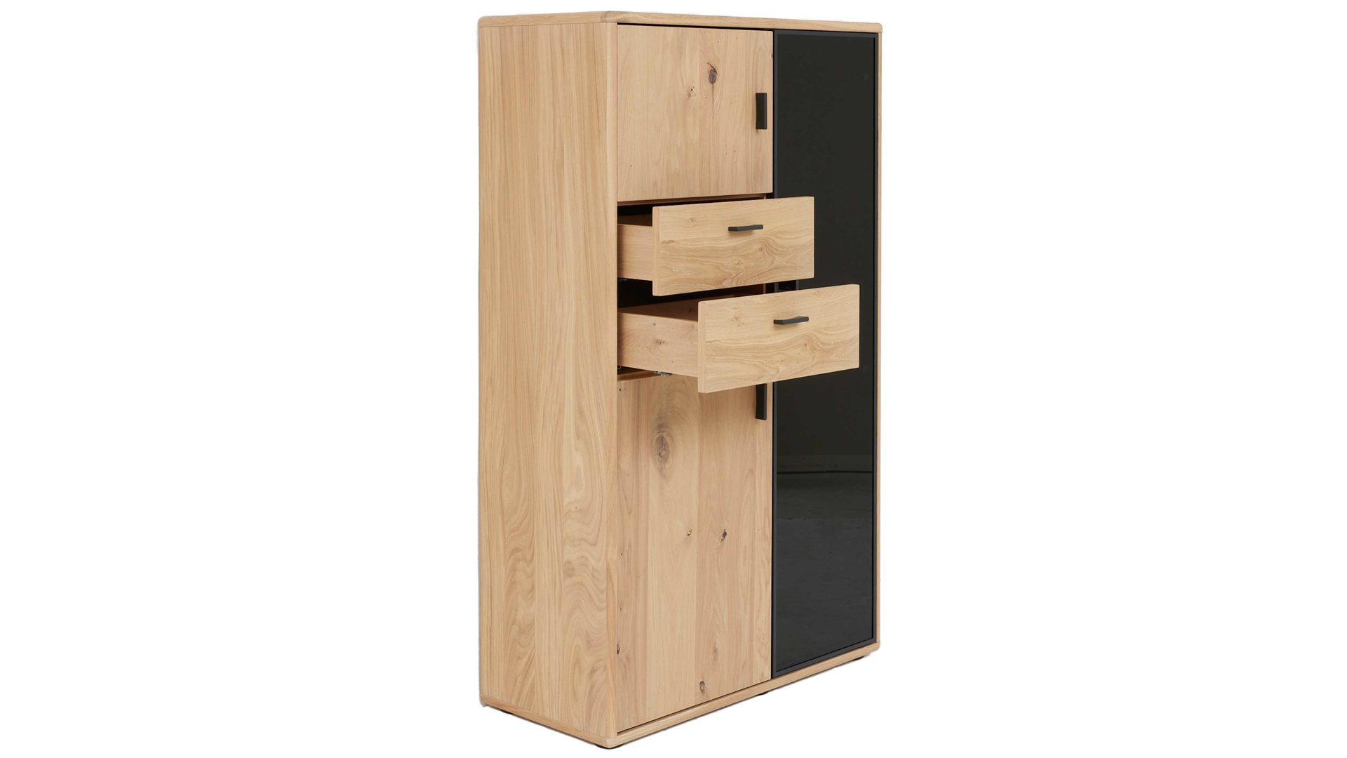 Highboard Interliving aus Holz in Holzfarben Interliving Wohnzimmer Serie 2024 - Highboard 14 Eiche & Schwarzglas - drei Türen, zwei Schubladen