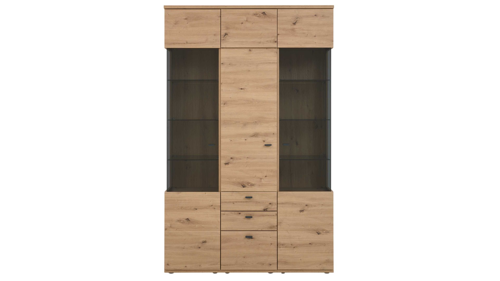 Vitrine Interliving aus Holz in Holzfarben Interliving Wohnzimmer Serie 2110 - Vitrine A13540 Alteiche - drei Türen, zwei Schubladen, Breite ca. 135 cm