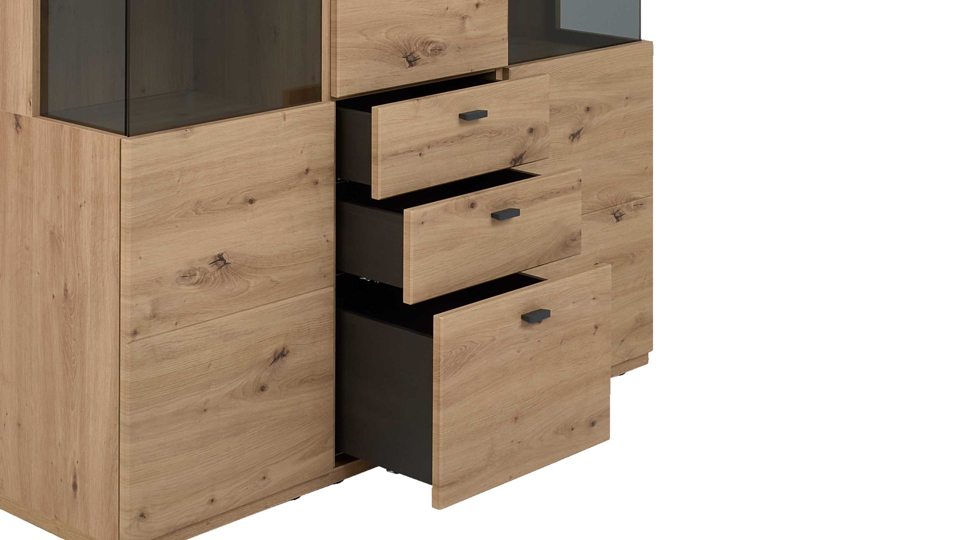 Vitrine Interliving aus Holz in Holzfarben Interliving Wohnzimmer Serie 2110 - Vitrine A13540 Alteiche - drei Türen, zwei Schubladen, Breite ca. 135 cm