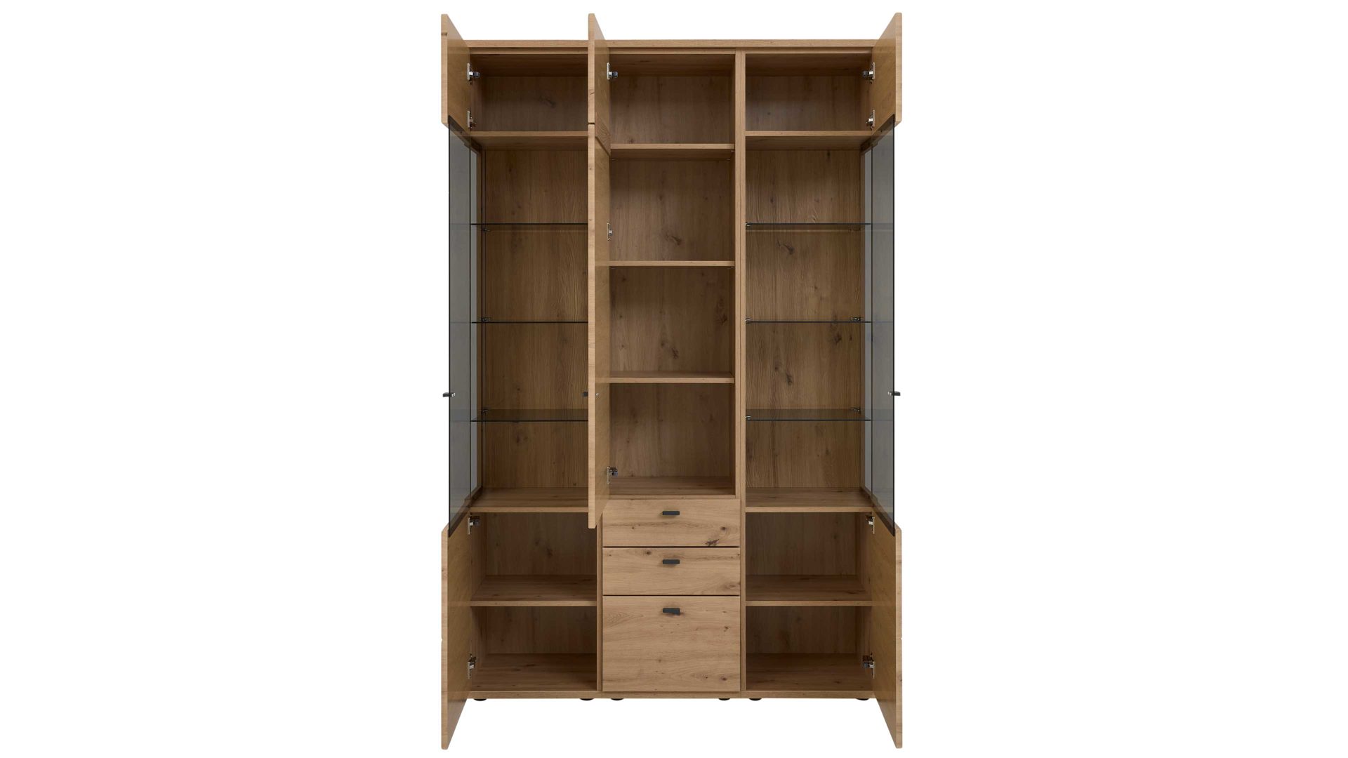 Vitrine Interliving aus Holz in Holzfarben Interliving Wohnzimmer Serie 2110 - Vitrine A13540 Alteiche - drei Türen, zwei Schubladen, Breite ca. 135 cm