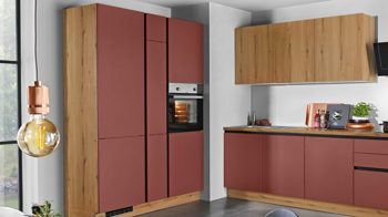 Einbauküche Express küchen aus Holz in Rot EXPRESS KÜCHEN Einbauküche Win mit Einbaugeräten Kaminrot & Eiche astig - zweizeilig