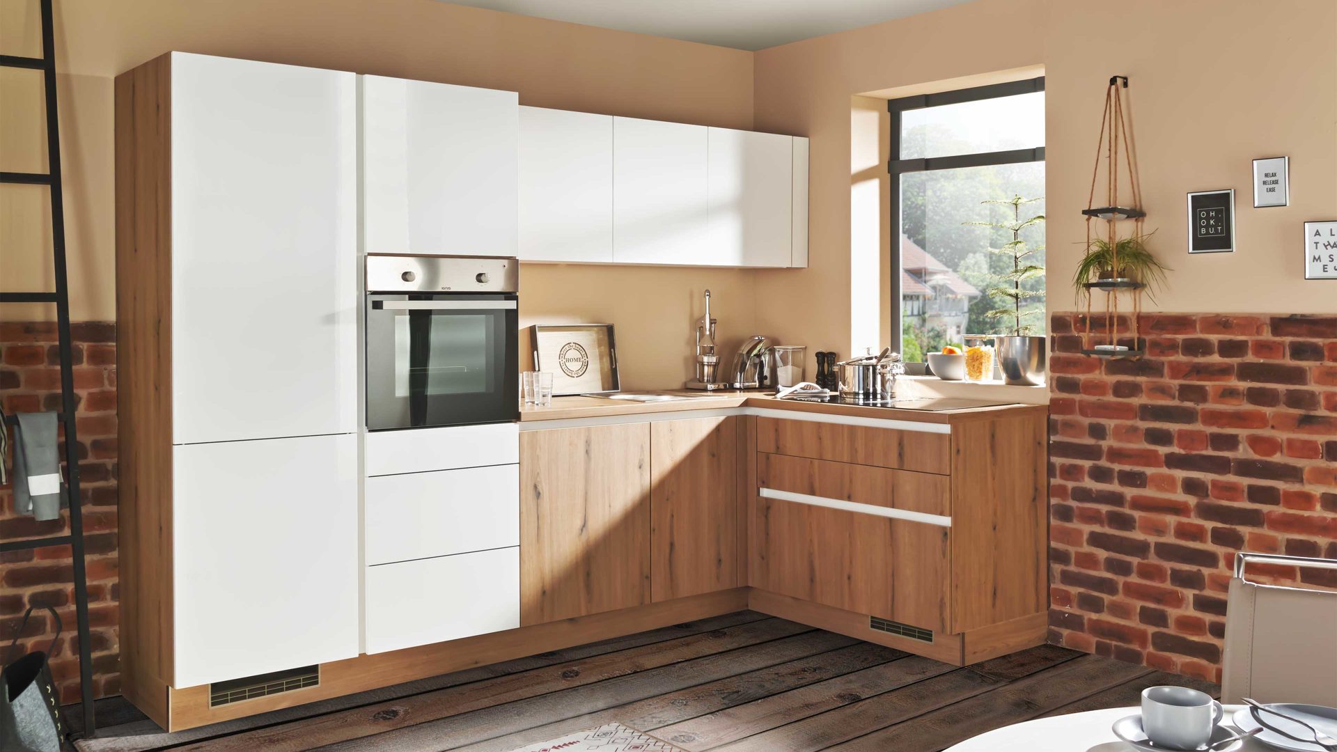 Einbauküche Express küchen aus Holz in Weiß EXPRESS KÜCHEN Einbauküche Star mit Einbaugeräten Weiß & Eiche astig - Stellfläche ca. 293 x 160 cm