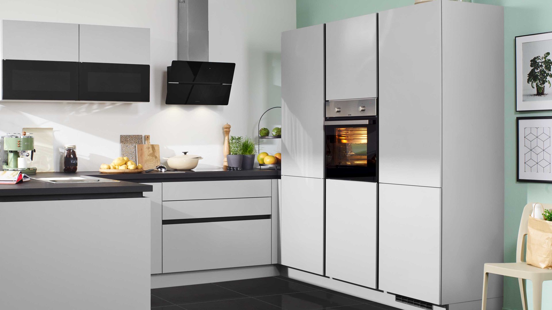 Einbauküche Express küchen aus Holz in Hellgrau EXPRESS KÜCHEN Einbauküche Win mit Elektrogeräten Hellgrau - Stellfläche ca. 315 x 251 cm